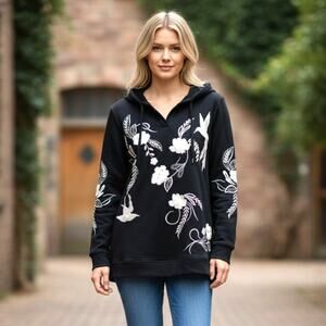 Soft Surroundings Miraflores Embroidered French Terry Hoodie Black NWT Sz XL